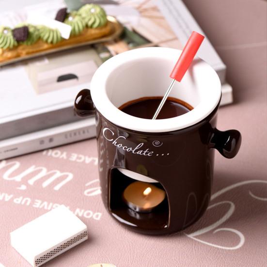 Ceramic Chocolate Fondue Mug Set With Fork & Tealight