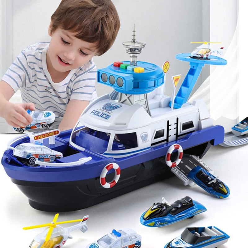 Feuerwehrmann-Polizeiauto-Frachtschiff-Spielzeugboot-Spielset (2 Farben)