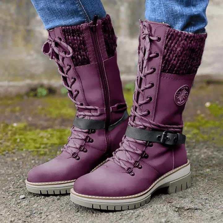Damen Stiefel mit Schnalle und Schnürung 